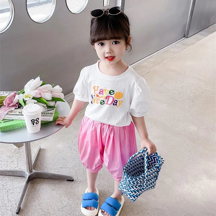 2 Pieces Set Baby Kid Girls Letters Polka dots Print T-Shirts And Solid Color Shorts