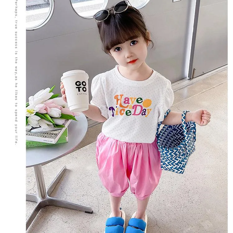 2 Pieces Set Baby Kid Girls Letters Polka dots Print T-Shirts And Solid Color Shorts