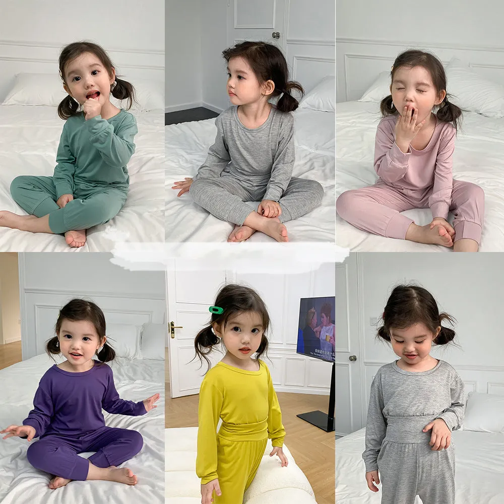 2 Pieces Set Baby Kid Unisex Solid Color Tops And Pants Sleepwears