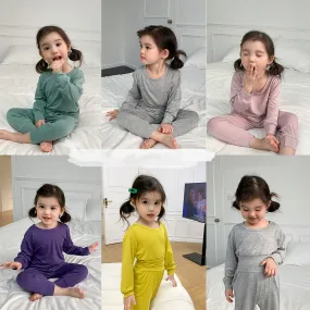 2 Pieces Set Baby Kid Unisex Solid Color Tops And Pants Sleepwears