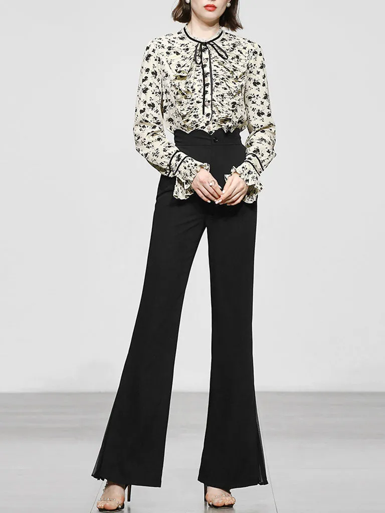 2PS Stand Collar Printed Top And Black Flared Pants Set