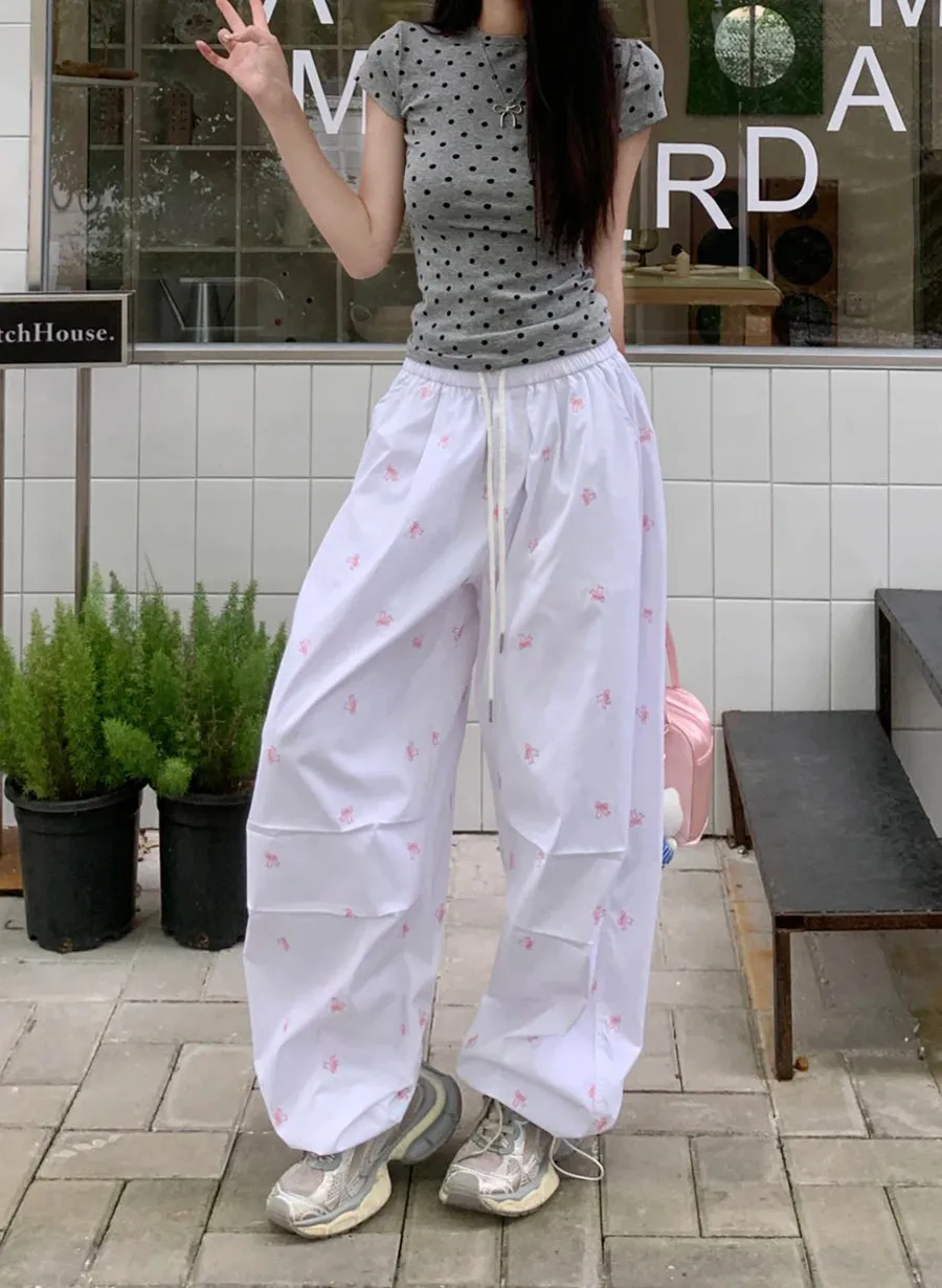 American Retro Bow Embroidered Streetwear Y2K Joggers Wide-leg Drawstring Baggy Casual Pants