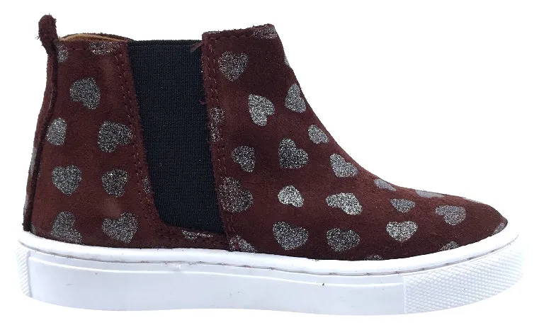 Atlanta Mocassin Girl's Heart Print Suede with Side Zip High-Top Sneakers, Burgundy Heart Print