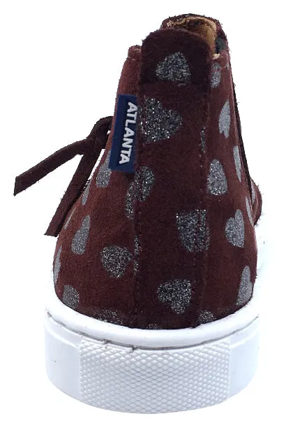 Atlanta Mocassin Girl's Heart Print Suede with Side Zip High-Top Sneakers, Burgundy Heart Print