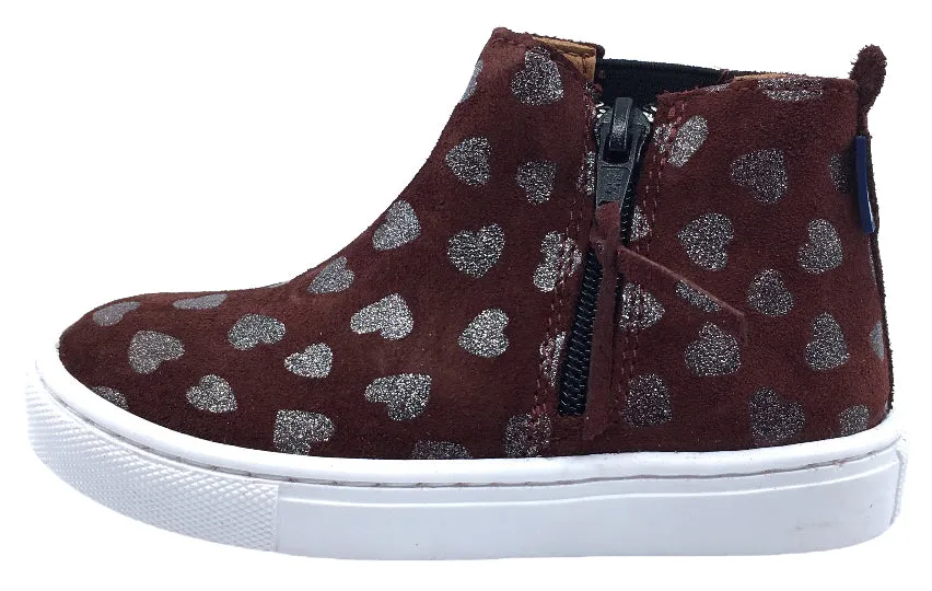 Atlanta Mocassin Girl's Heart Print Suede with Side Zip High-Top Sneakers, Burgundy Heart Print