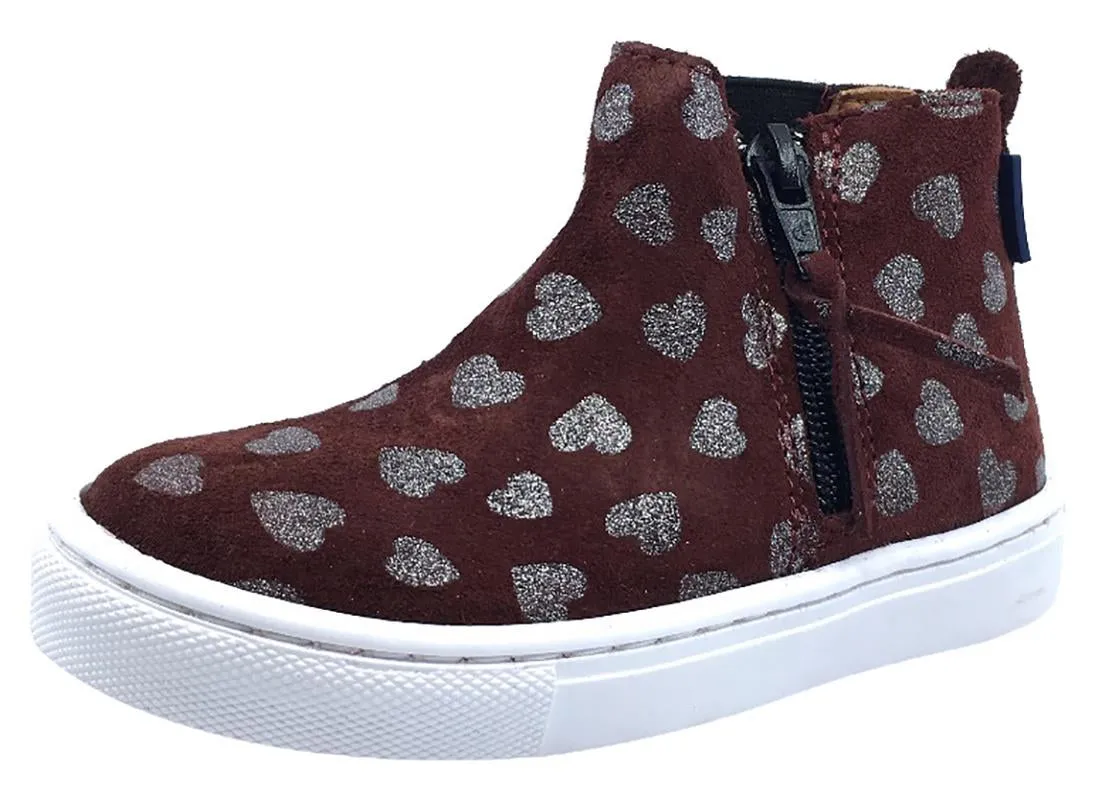 Atlanta Mocassin Girl's Heart Print Suede with Side Zip High-Top Sneakers, Burgundy Heart Print