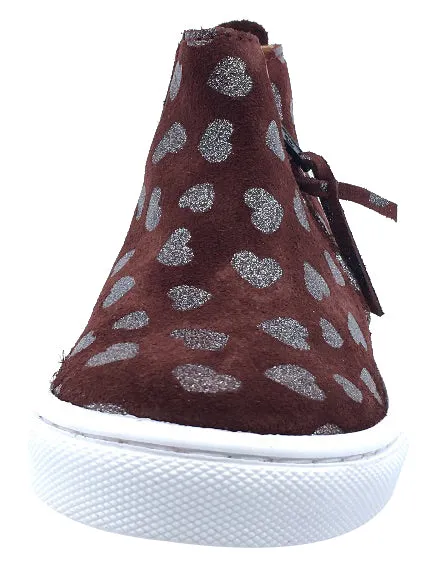 Atlanta Mocassin Girl's Heart Print Suede with Side Zip High-Top Sneakers, Burgundy Heart Print