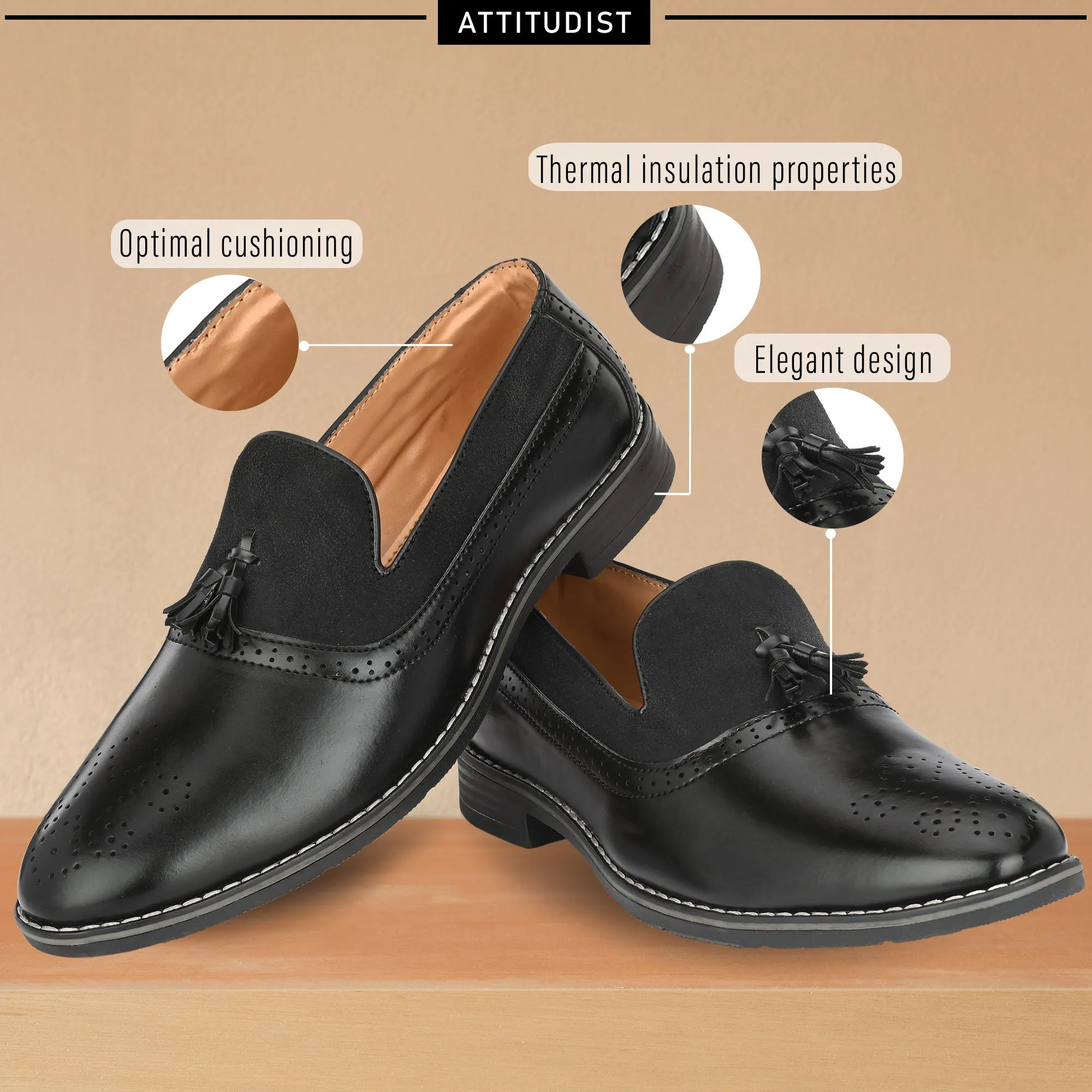 Attitudist Unisex Handcrafted Black Tassel Loafer With Knotted Laces In Moccassin Style