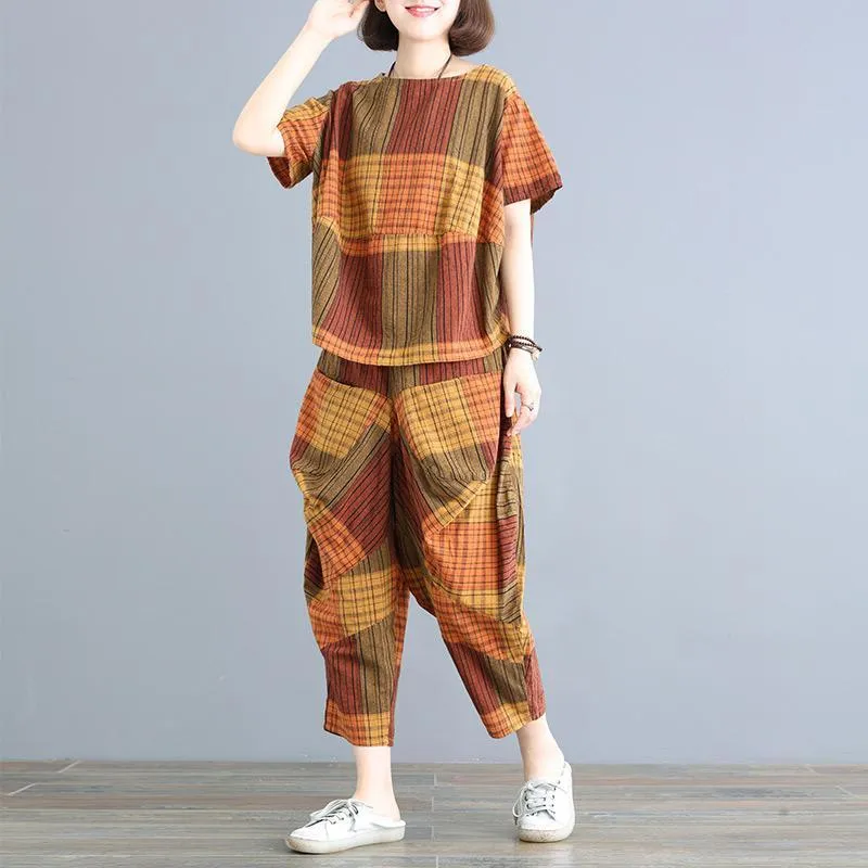 Babakud Casual Loose Plaid Ruched Wide Leg Set