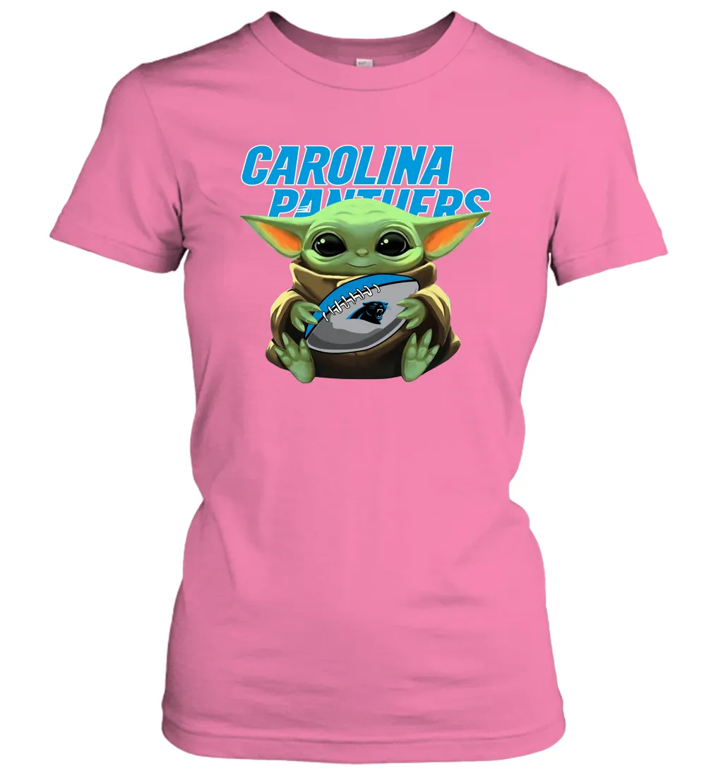 Baby Yoda Loves The Carolina Panthers Star Wars Baby Yoda Hugs Panthers NFL Womens T-Shirt