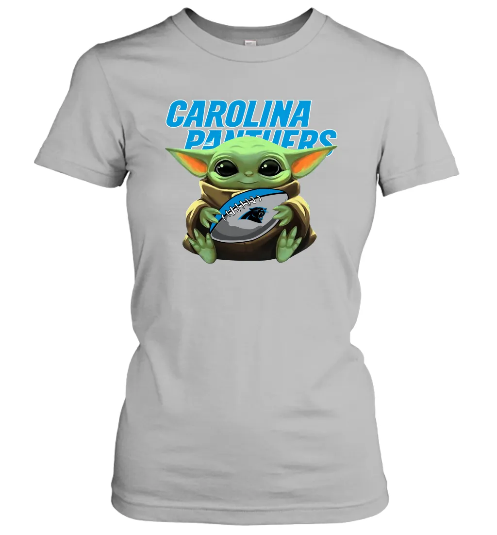 Baby Yoda Loves The Carolina Panthers Star Wars Baby Yoda Hugs Panthers NFL Womens T-Shirt