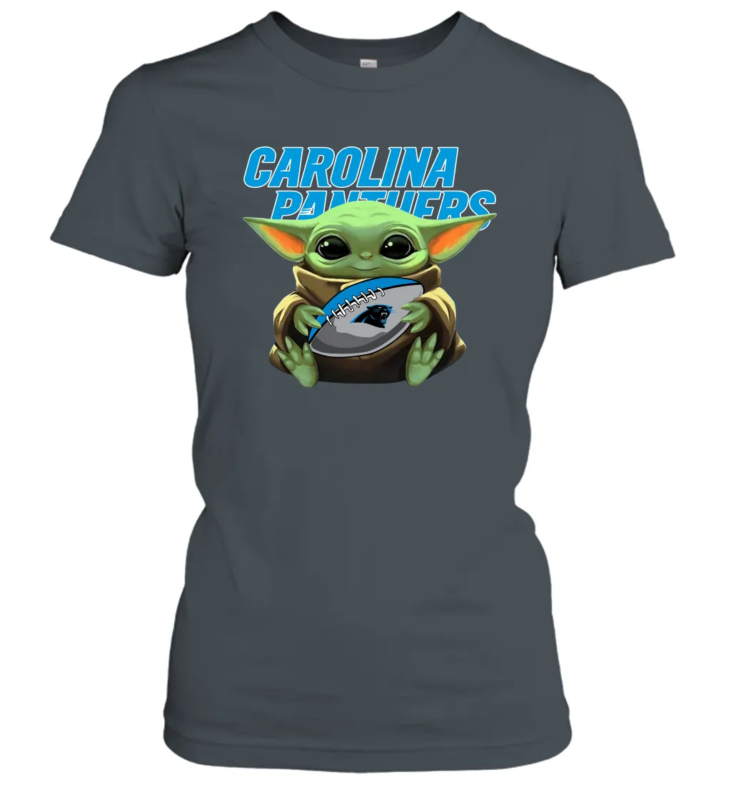 Baby Yoda Loves The Carolina Panthers Star Wars Baby Yoda Hugs Panthers NFL Womens T-Shirt