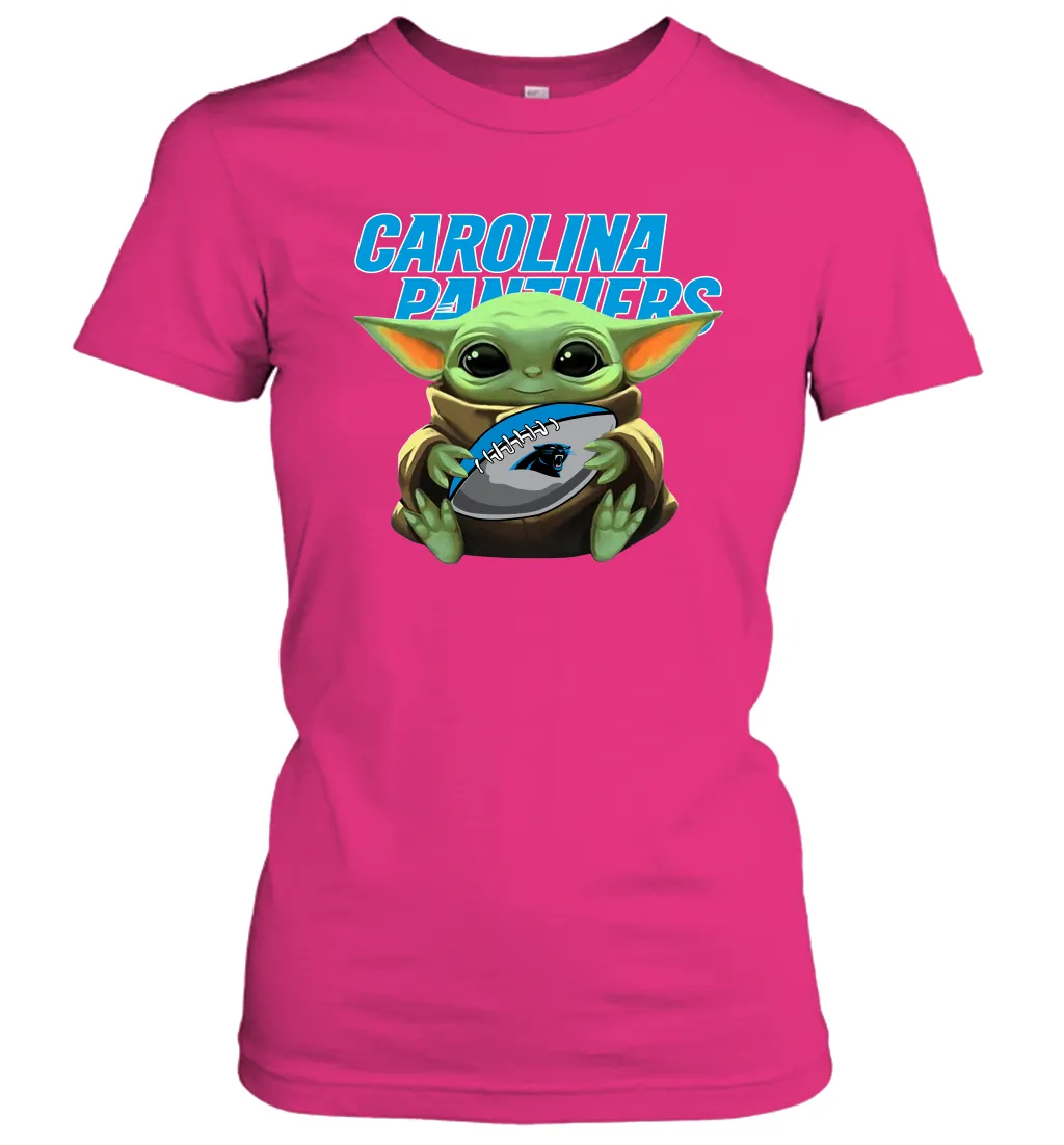 Baby Yoda Loves The Carolina Panthers Star Wars Baby Yoda Hugs Panthers NFL Womens T-Shirt