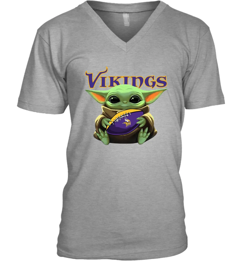 Baby Yoda Loves The Minnesota Vikings Star Wars Baby Yoda Hugs Vikings NFL Mens V-Neck T-Shirt