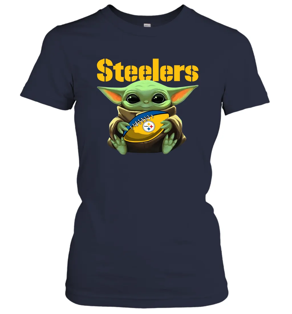 Baby Yoda Loves The Pittsburgh Steelers Star Wars Baby Yoda Hugs Steelers NFL Womens T-Shirt