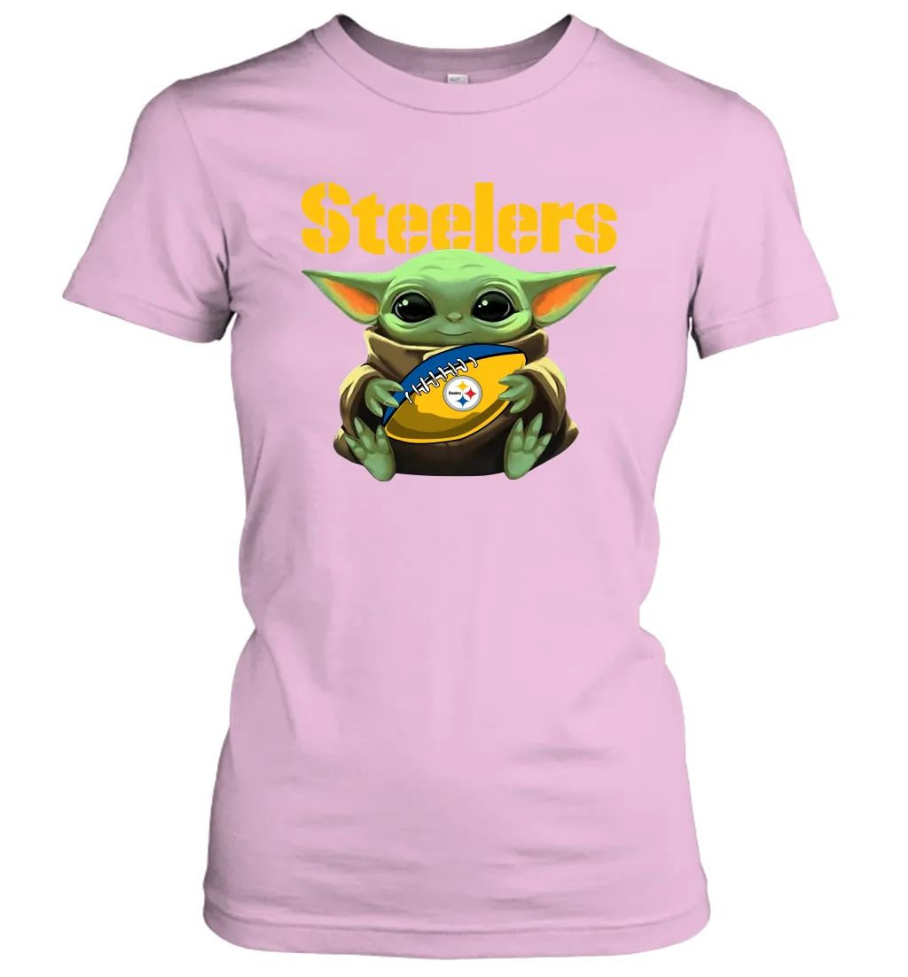 Baby Yoda Loves The Pittsburgh Steelers Star Wars Baby Yoda Hugs Steelers NFL Womens T-Shirt