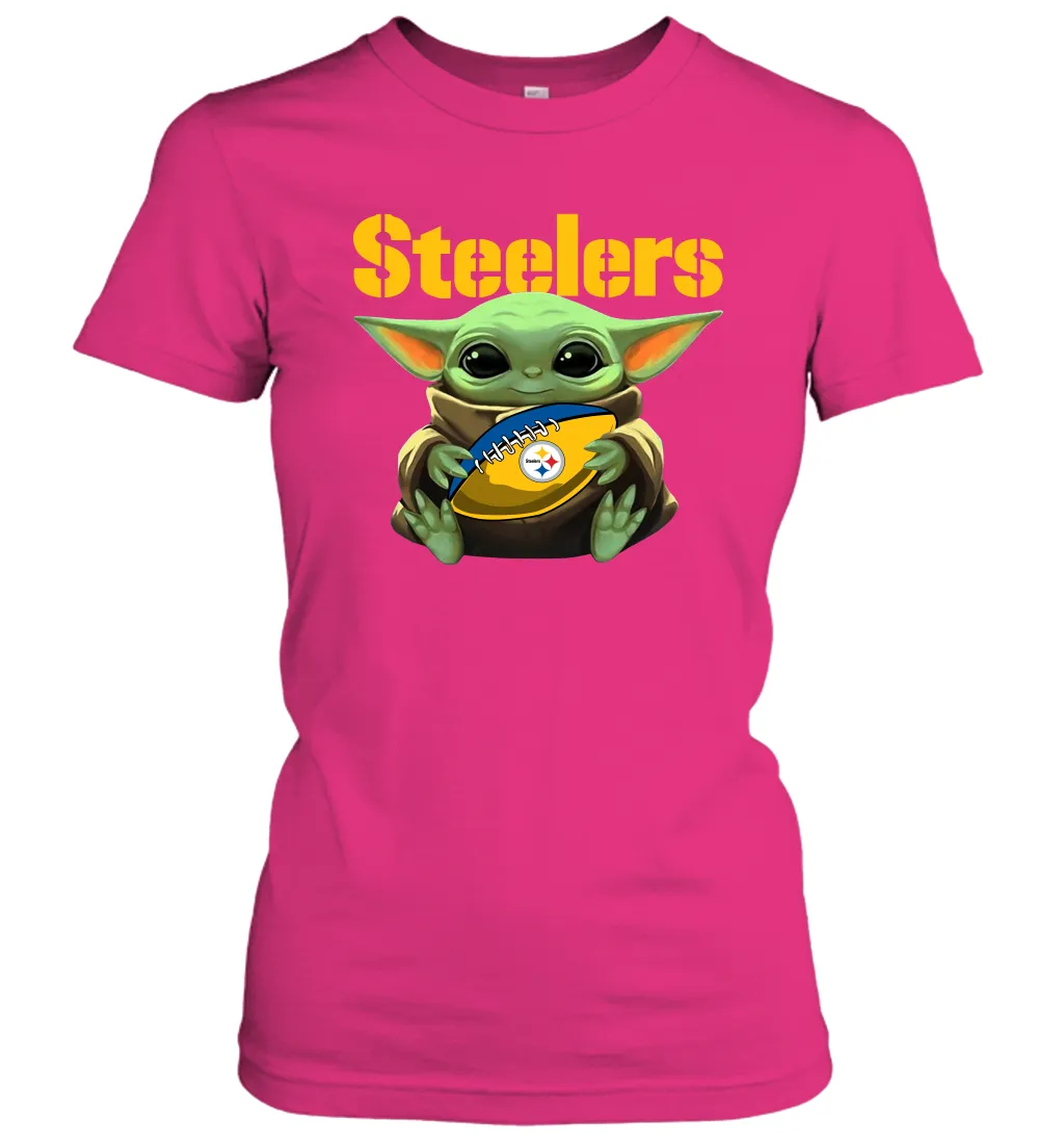 Baby Yoda Loves The Pittsburgh Steelers Star Wars Baby Yoda Hugs Steelers NFL Womens T-Shirt