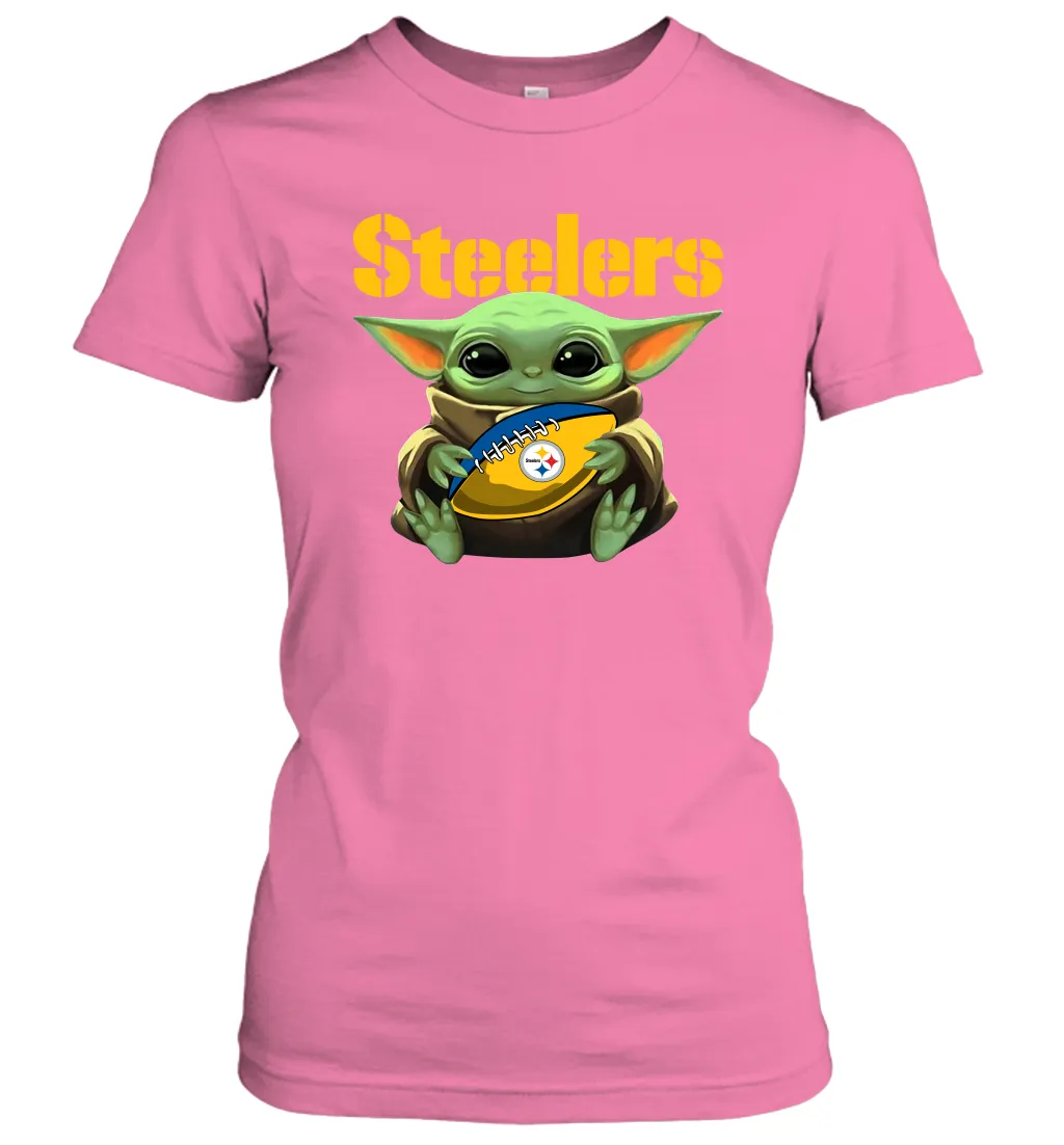 Baby Yoda Loves The Pittsburgh Steelers Star Wars Baby Yoda Hugs Steelers NFL Womens T-Shirt