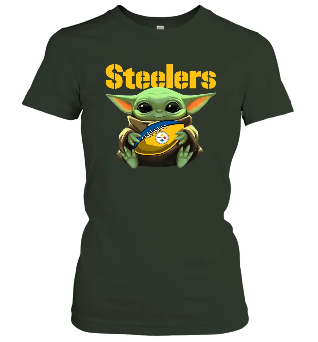 Baby Yoda Loves The Pittsburgh Steelers Star Wars Baby Yoda Hugs Steelers NFL Womens T-Shirt