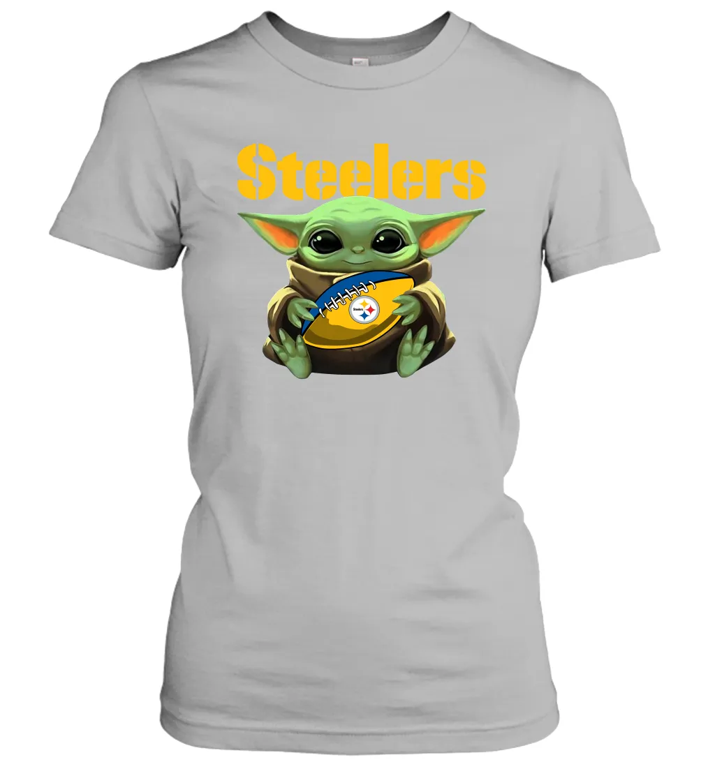 Baby Yoda Loves The Pittsburgh Steelers Star Wars Baby Yoda Hugs Steelers NFL Womens T-Shirt