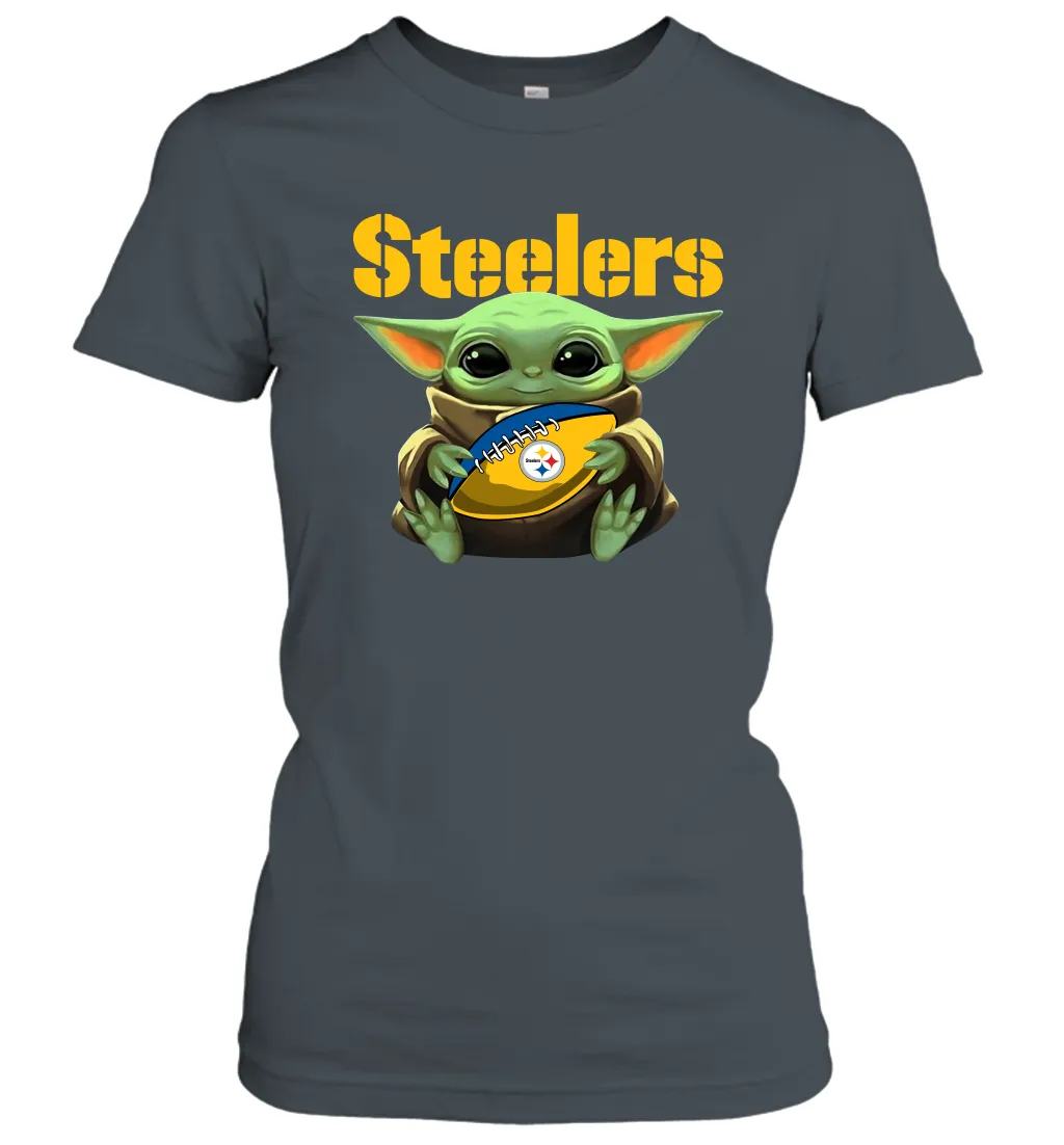 Baby Yoda Loves The Pittsburgh Steelers Star Wars Baby Yoda Hugs Steelers NFL Womens T-Shirt