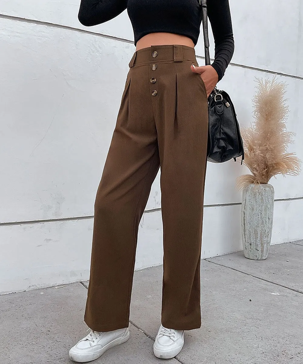 BerriesJam - 2024 Solid Button Front Casual High Waist Pants