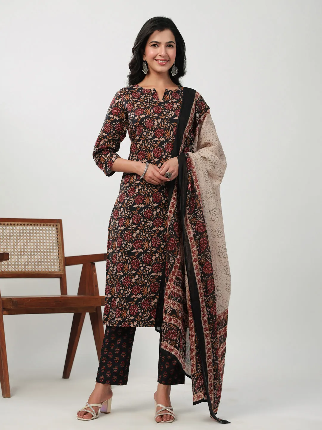 Black Cotton Floral Printed Straight Kurta Set