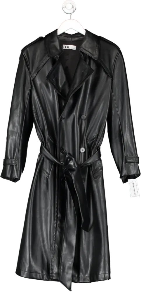 BOA Black Leather Look Belted Trench Coat UK XS