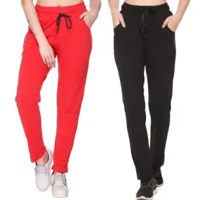 Cotton Track Pants For Women Pack of 2  (Black/Red)