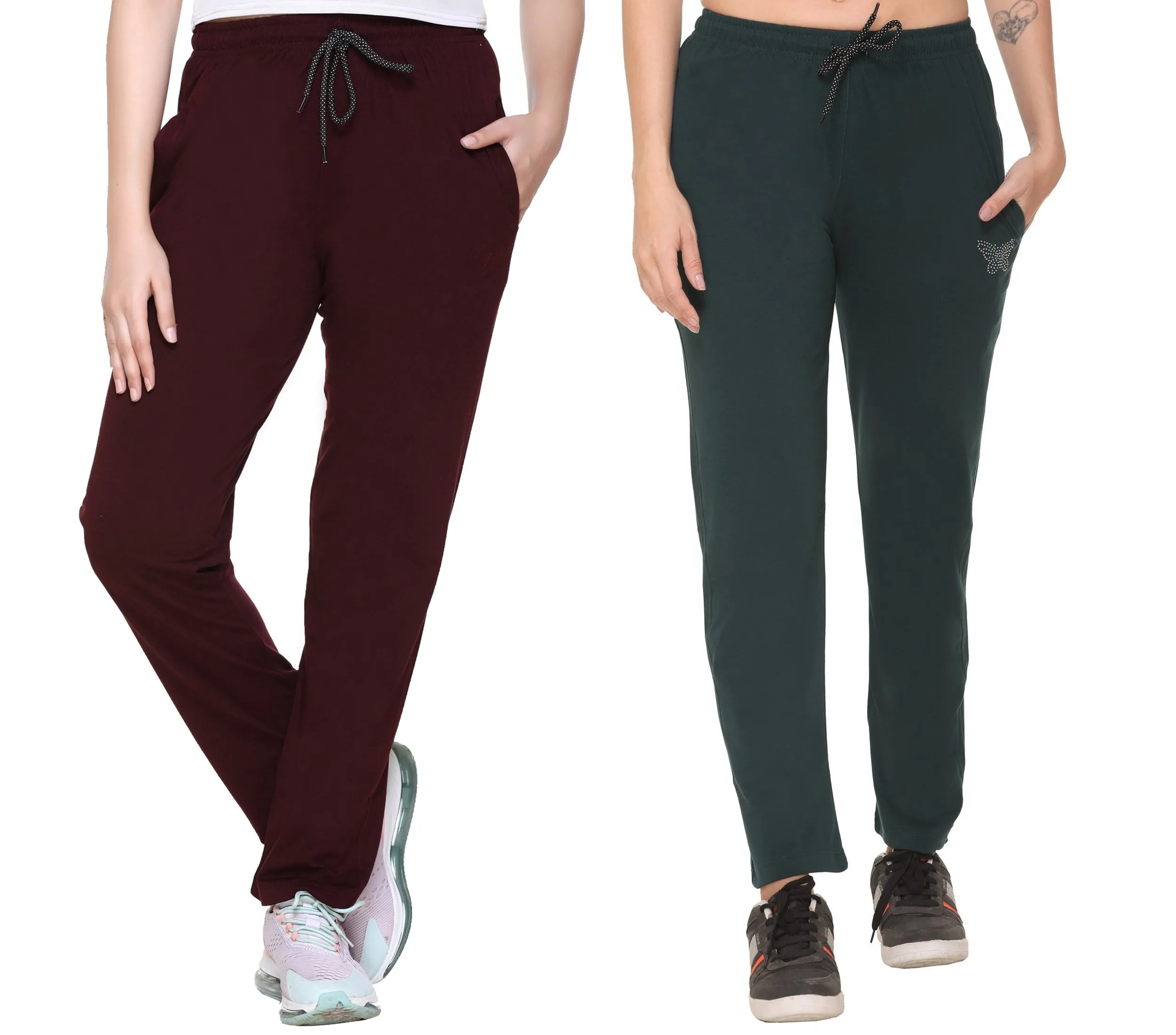 Cotton Track Pants For Women Pack of 2 (Bottle Green & Wine)