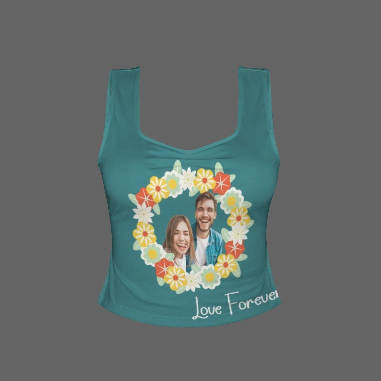 Custom Photo&Text Garland Top Personalized Women's Square Neck Backless Ruched Side Split Crop Tank Tops