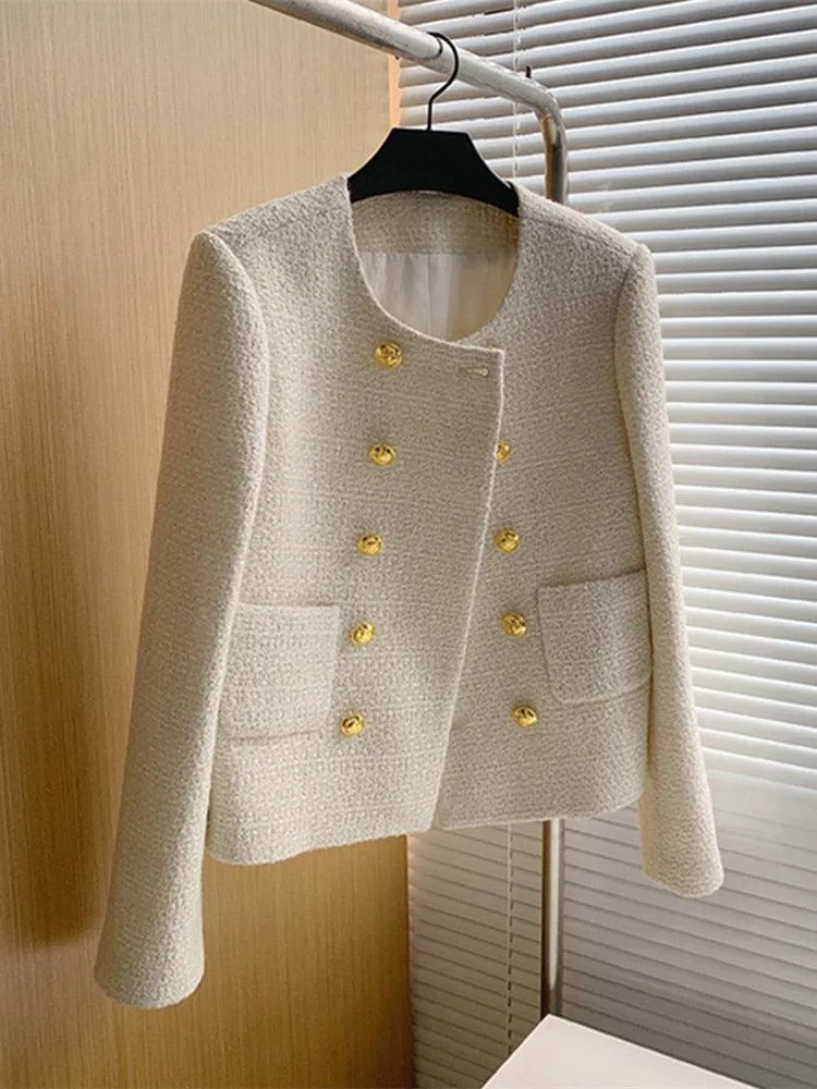 Double Breasted Women Cropped Tweed Jacket