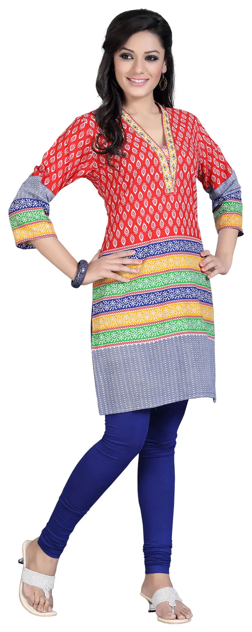 Embroidered Cotton Kurti Top Long Tunic Womens India Clothing (Red)