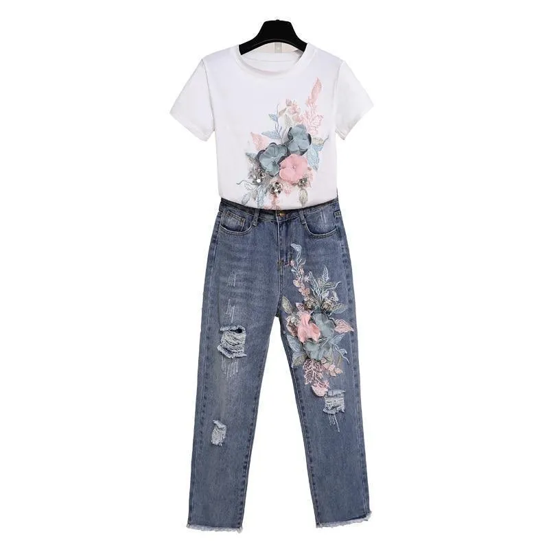 Embroidered Floral Jeans Outfit Set