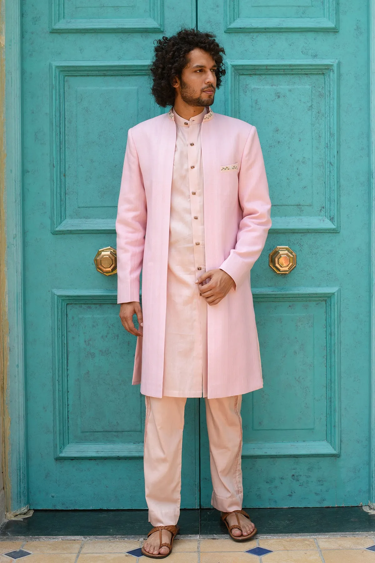 FARROKH -  Embroidered Organic Cotton Dobby Pink Achkan