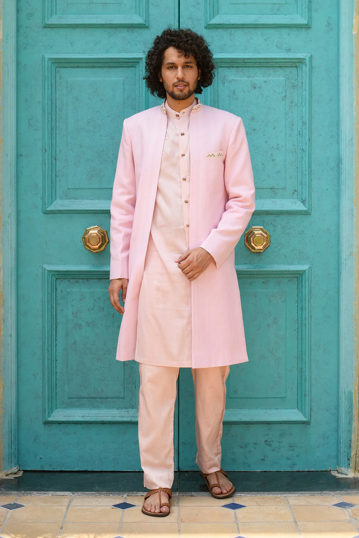 FARROKH -  Embroidered Organic Cotton Dobby Pink Achkan