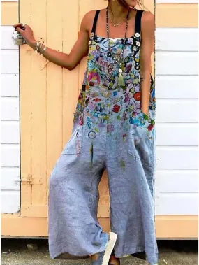 Floral Print Adjustable Strap Jumpsuit with Backless Design and Side Pockets