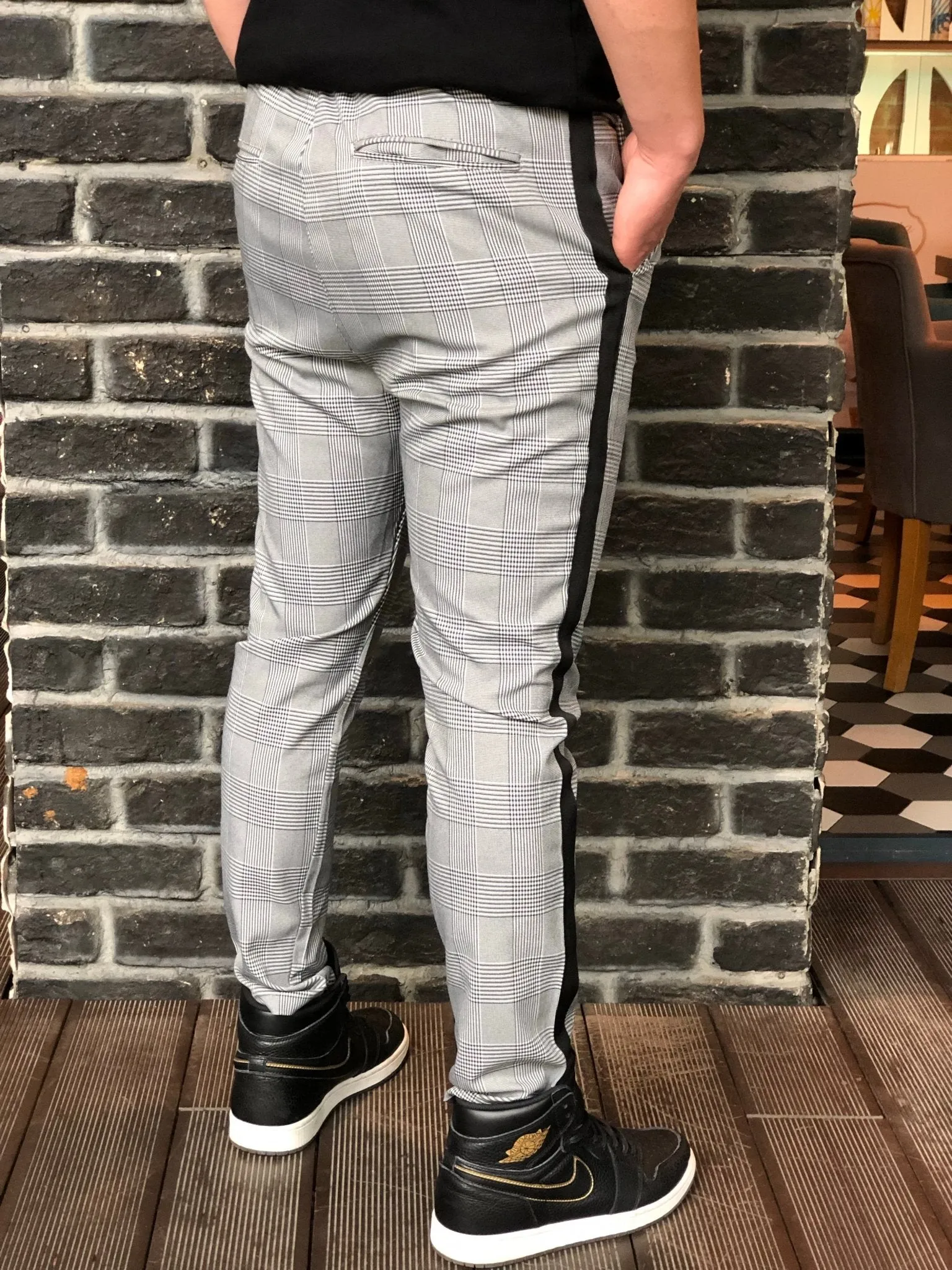 Gray Side Striped Checkered Slim Fit Casual Mens Pant DJ175 Mens Pant