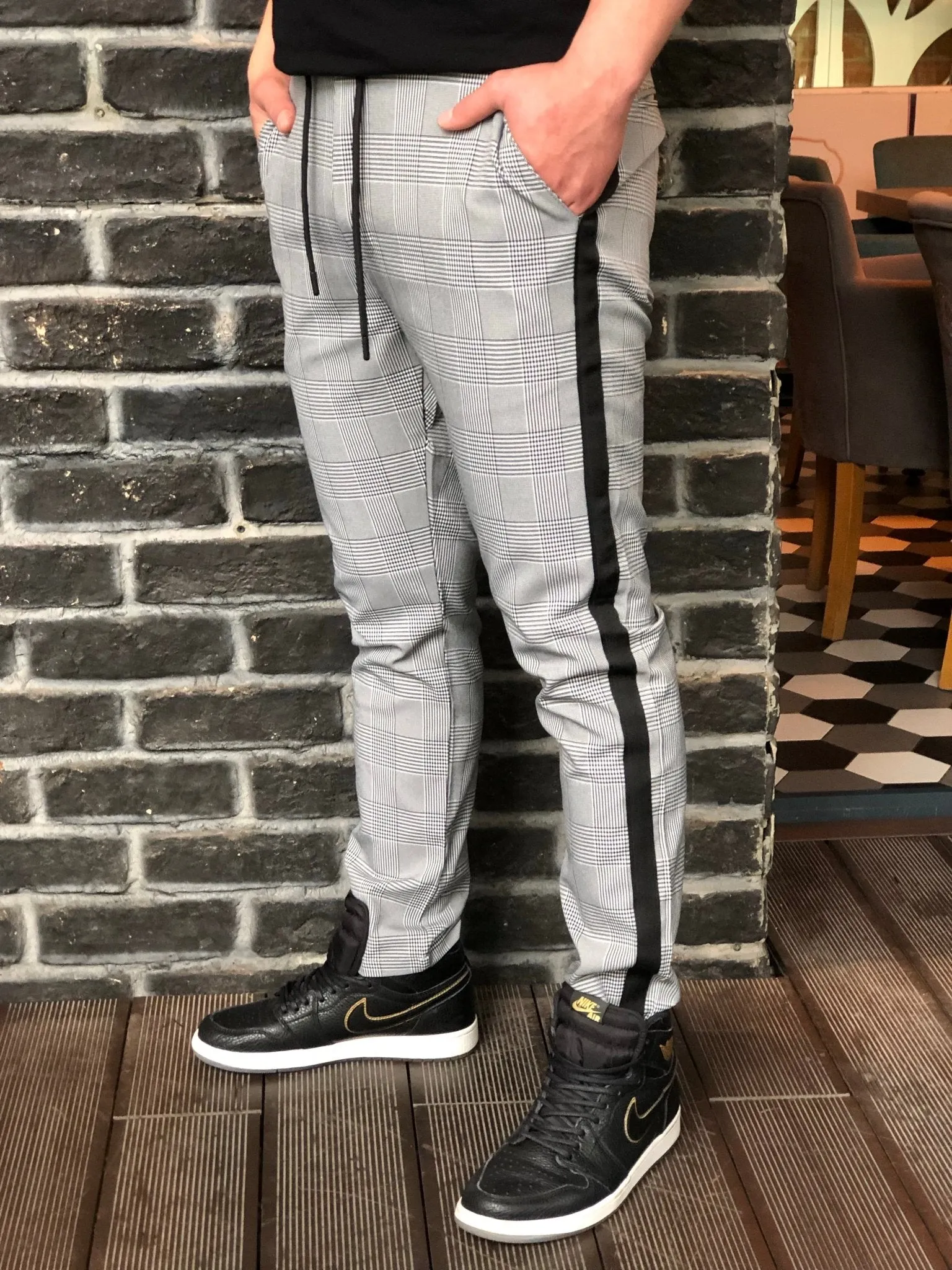 Gray Side Striped Checkered Slim Fit Casual Mens Pant DJ175 Mens Pant