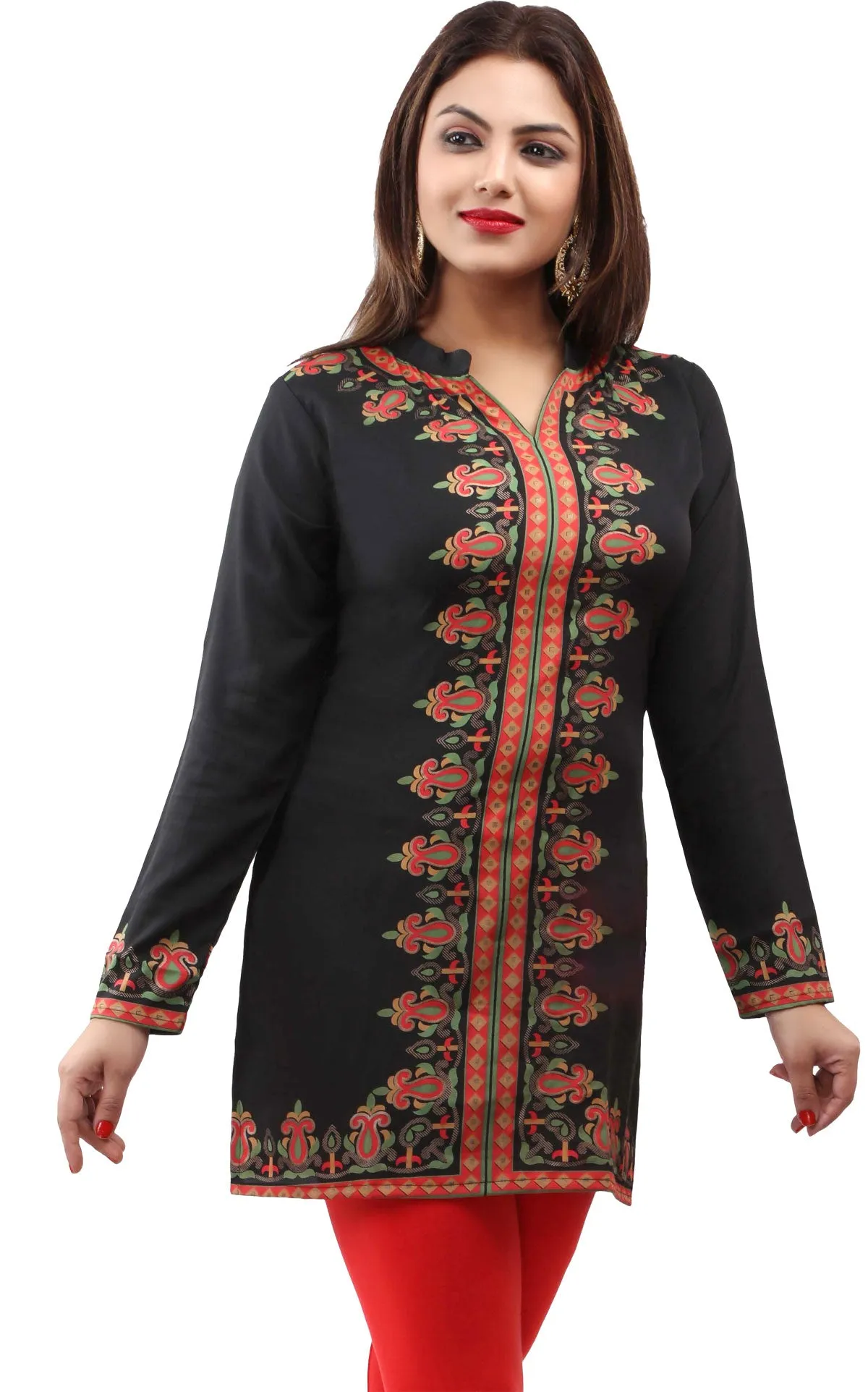 India Kurti Women's Blouse Printed Indian Clothing (Black)