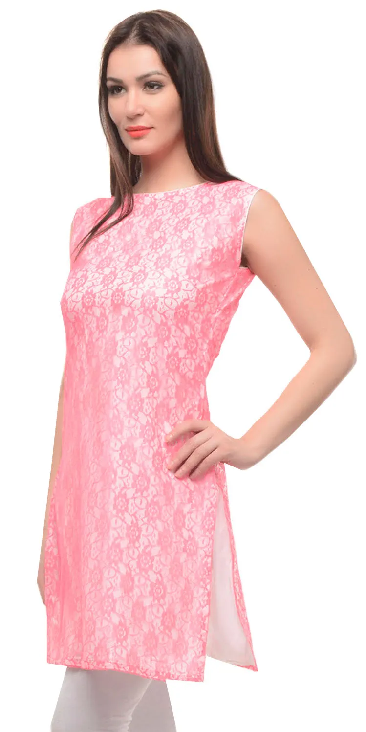 India Tunic Top Long  Kurti Rayon Womens Sleeveless Indian Clothing (Pink)