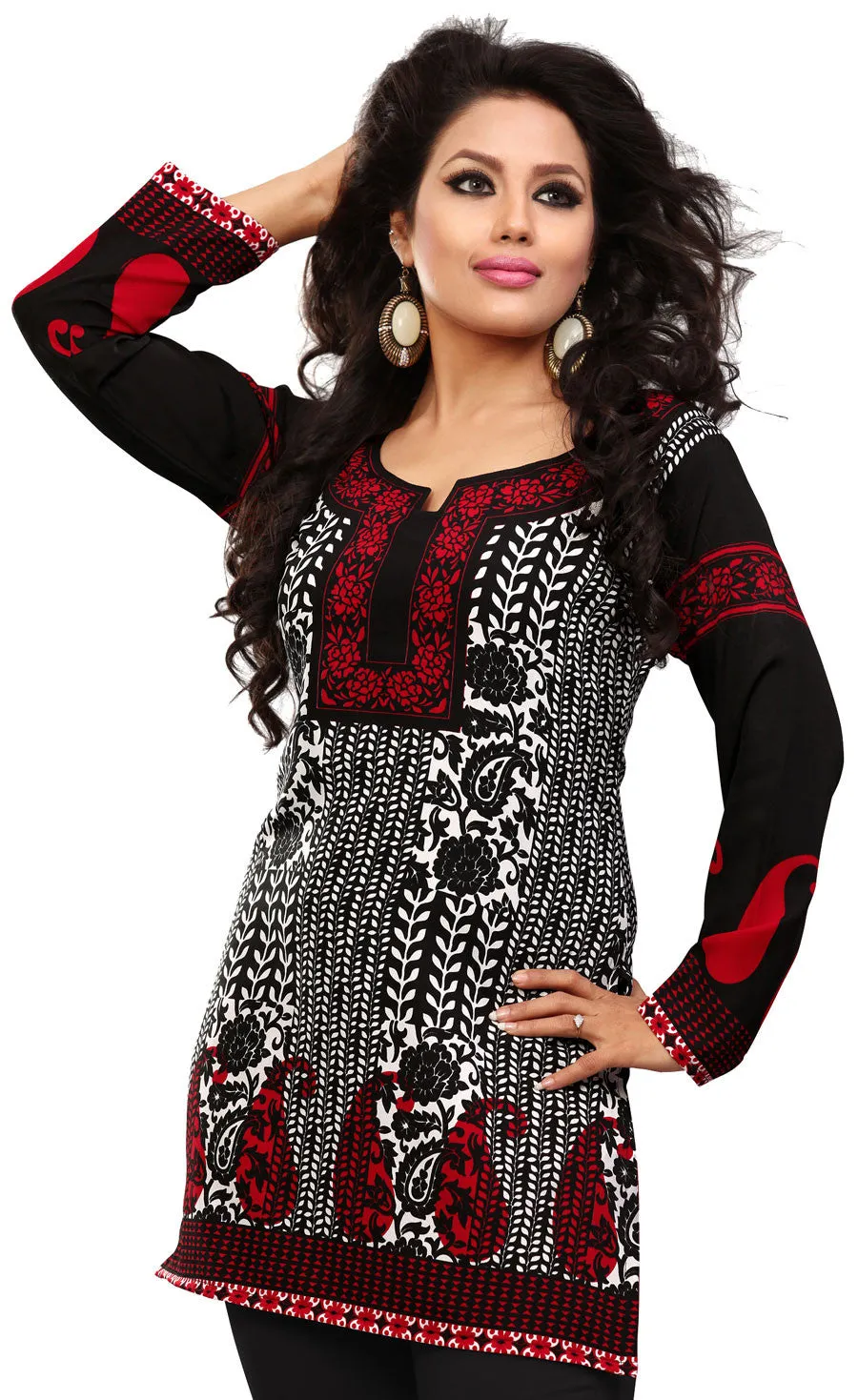 Kurti Top Long Tunic Womens Printed Blouse India Clothing (Black)