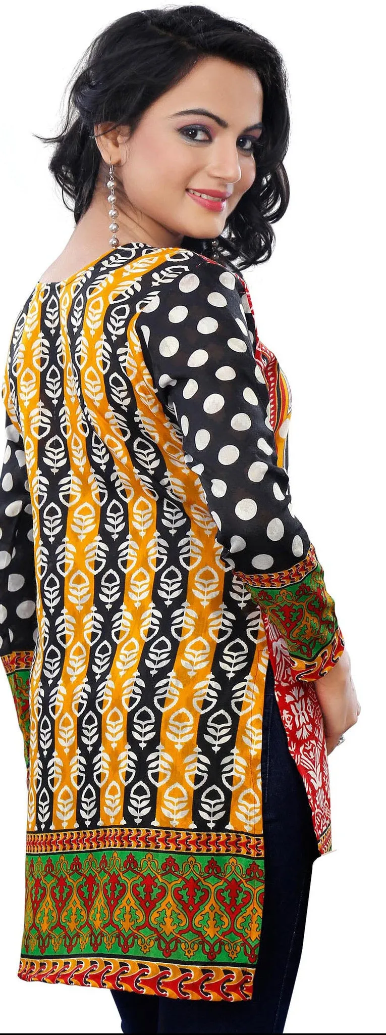 Kurti Top Long Tunic Womens Printed Cotton Blouse India Clothing (Black)