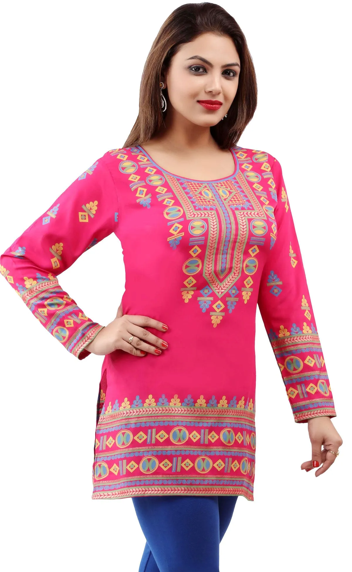 Kurti Top Tunic Women's Printed Blouse India Clothing (Pink)