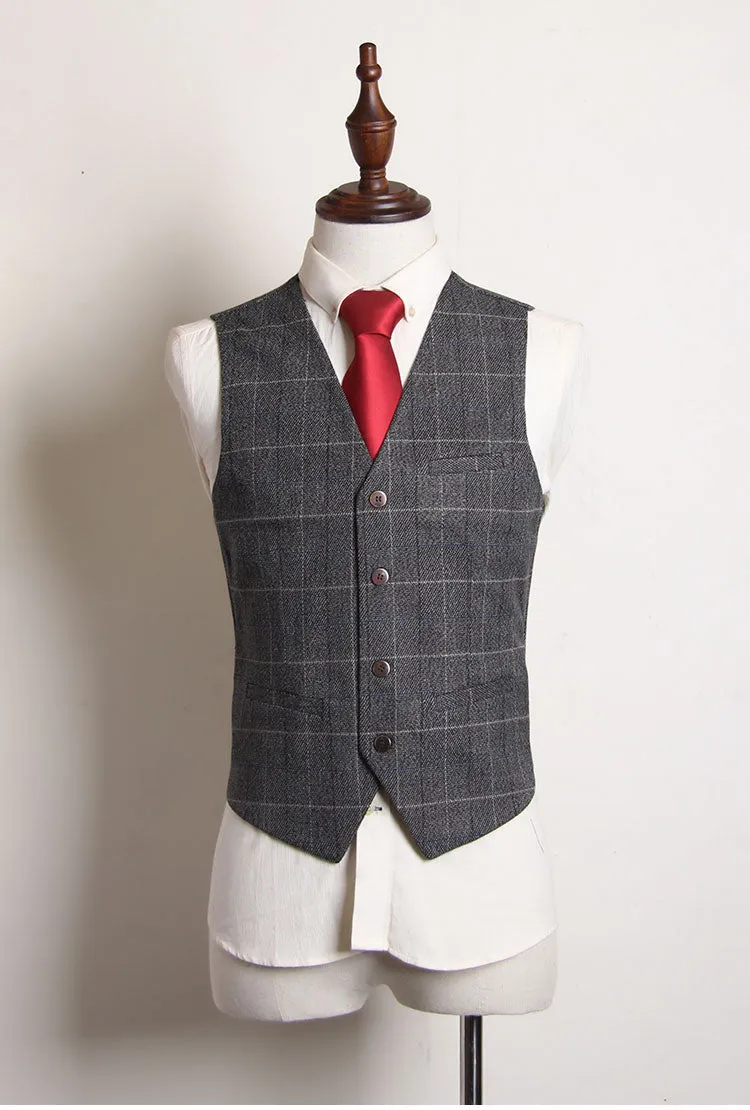 Leonardo Groom Men's Checkered Brown Grey Suit Jacket, Vest and Pants (3 Piece)