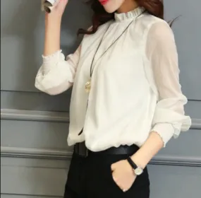 Long Sleeve Chiffon Blouse Top - White