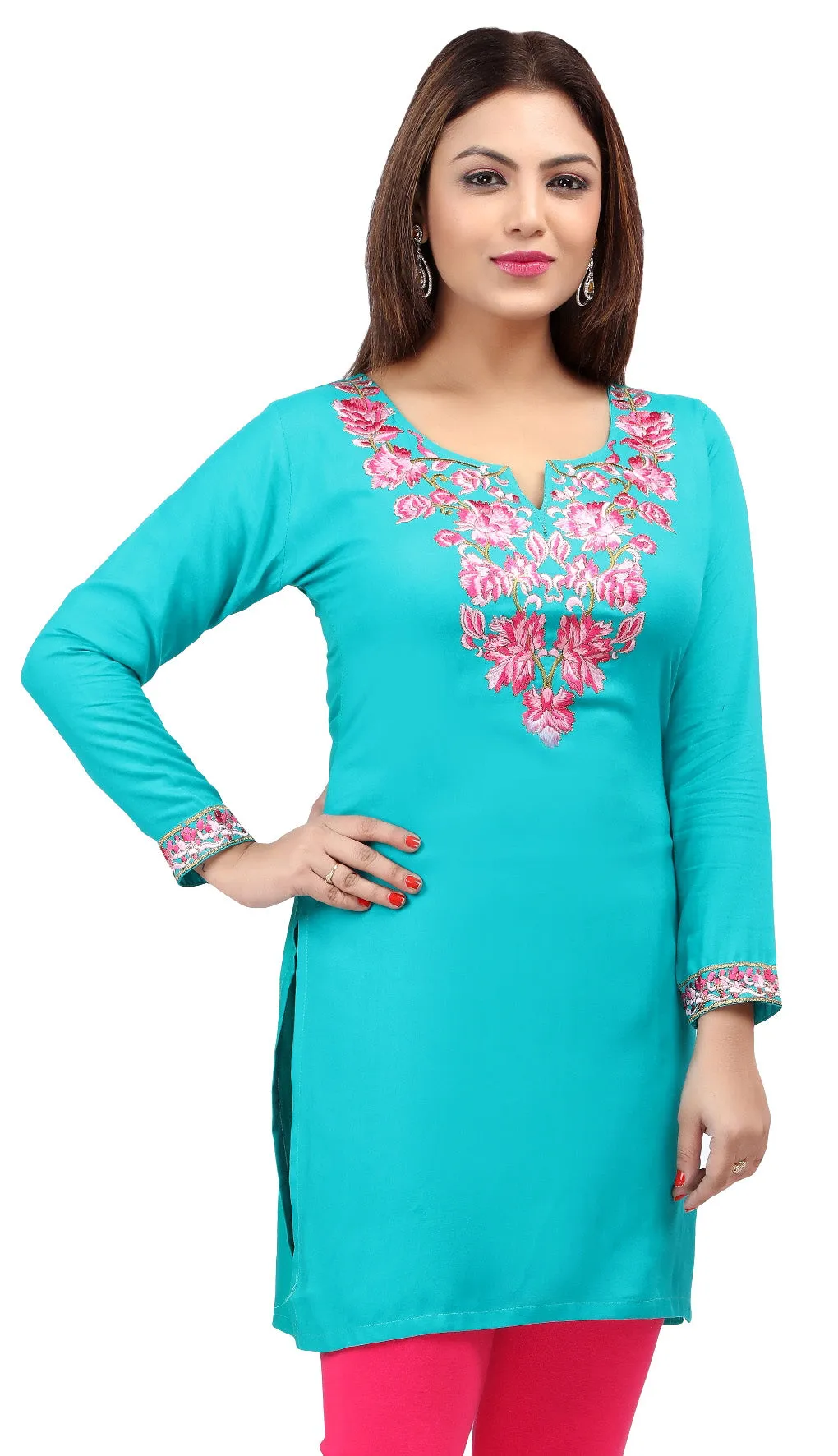 Maple Clothing India Women's Tunic Top Embroidered Kurti (Turquoise)