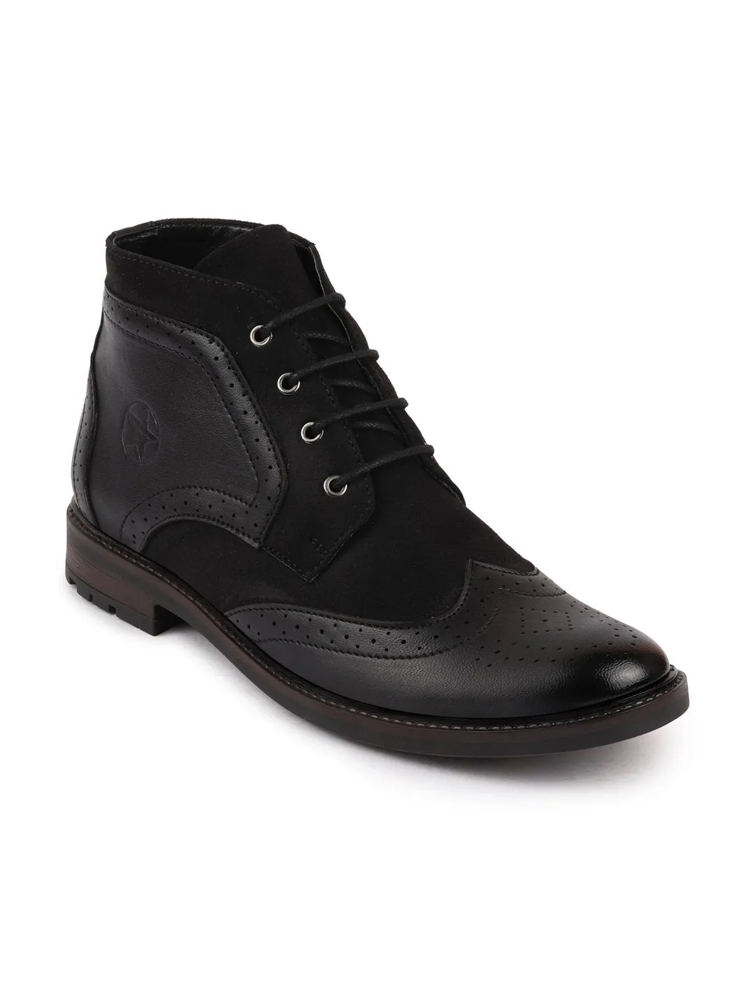 Men Black Wingtip Lace Up Boots