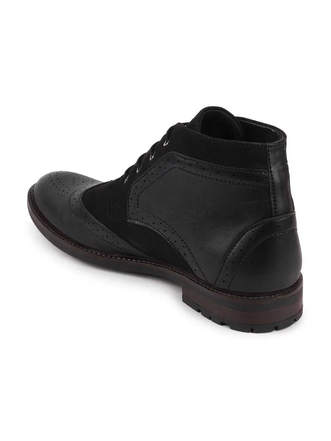 Men Black Wingtip Lace Up Boots