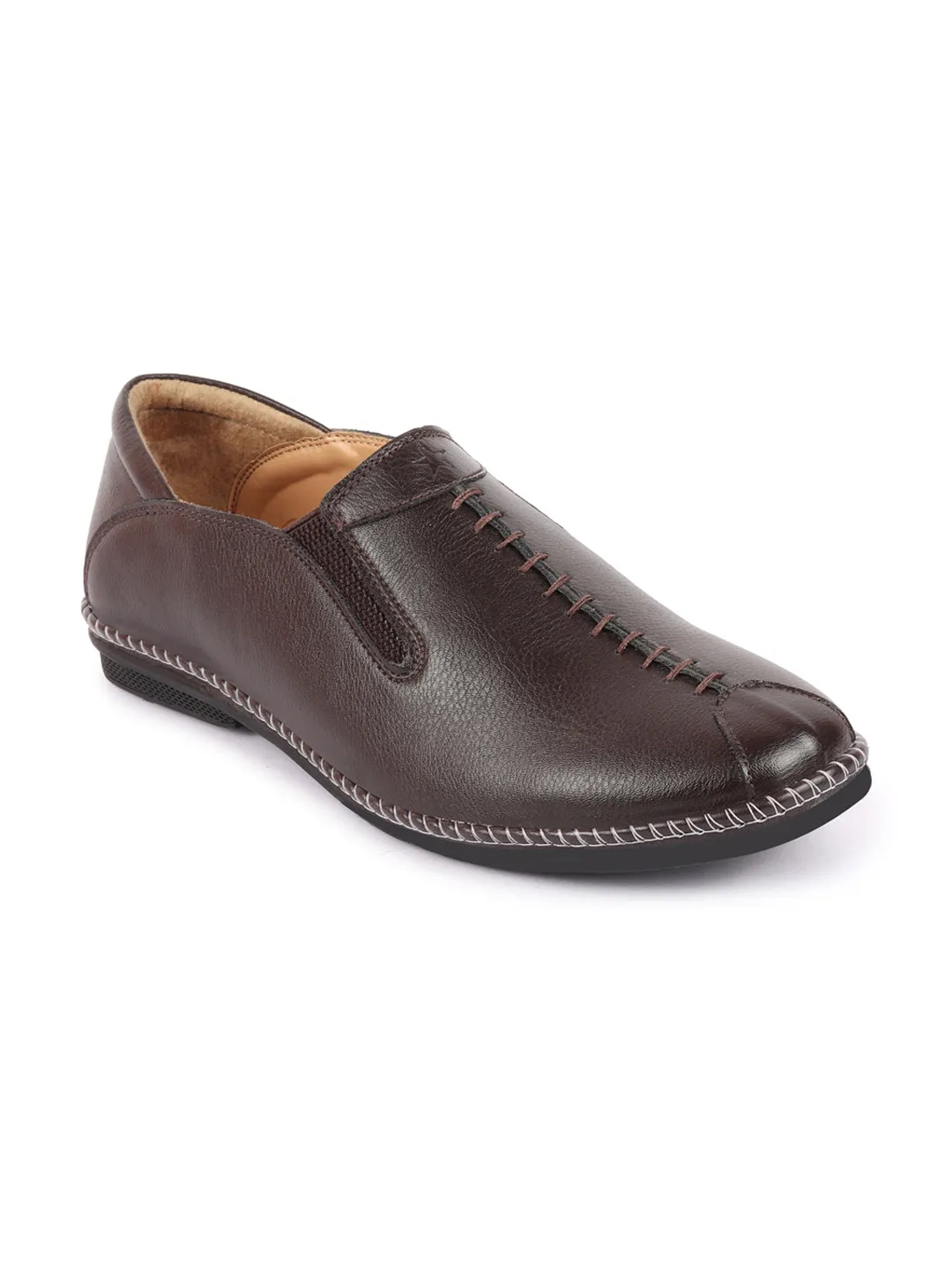 Men Brown Casual Cap Toe Hand Stitched Slip On Shoes